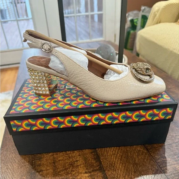 Cream Slingback Heels with Embellished Block Heel - Picture 7 of 10